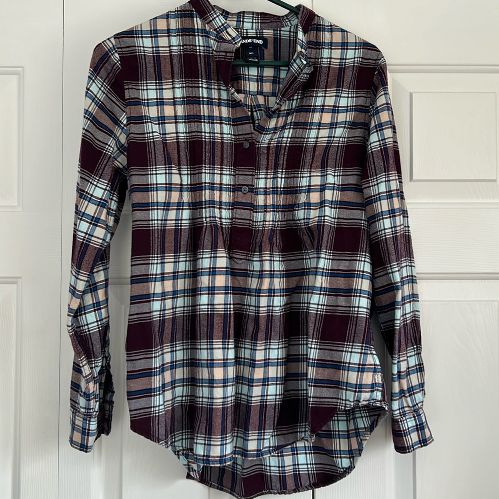 Lands End Pleated 1/2 Button Flannel Popover 4 Petite